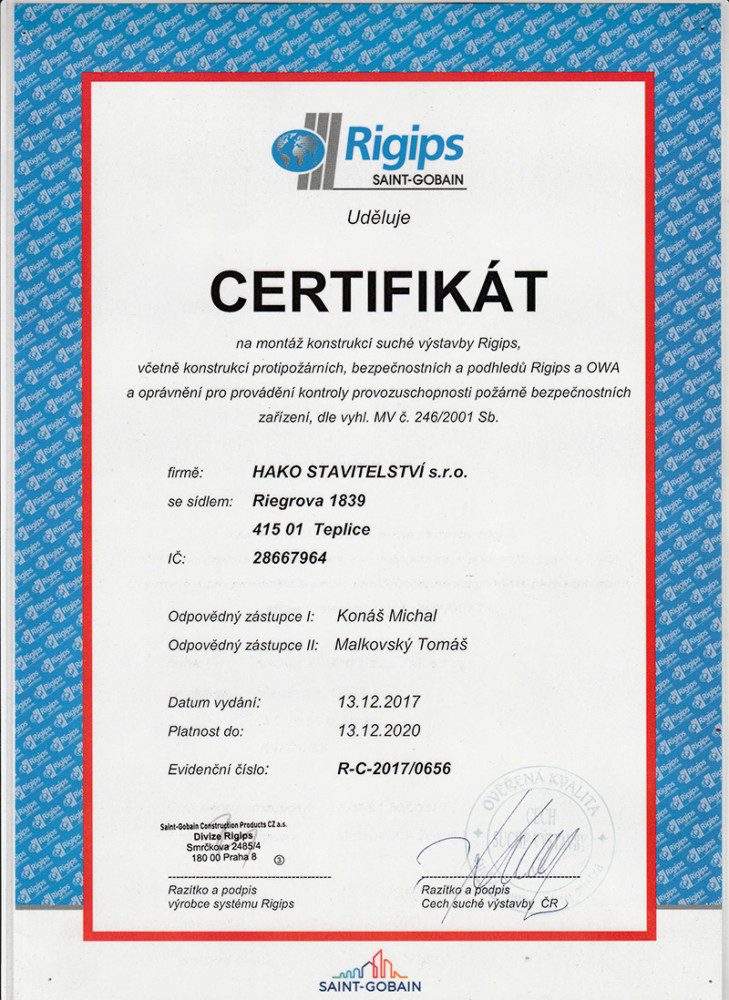 Certifikát č. 1